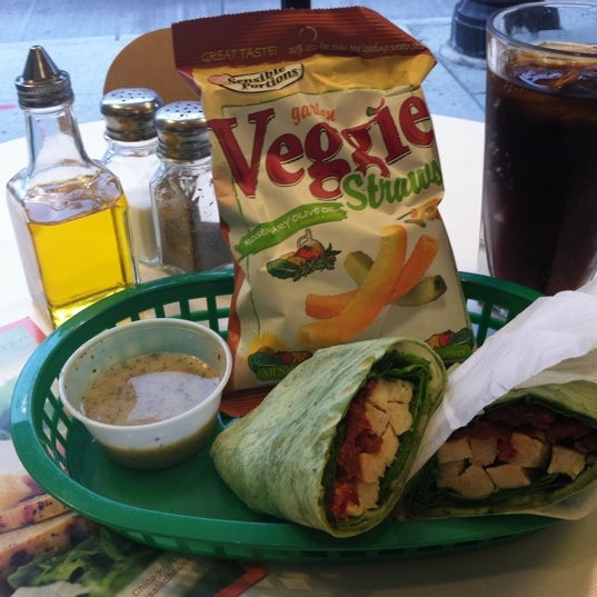 Free fountain soda if you eat in house. Great alternative to subway. I had the pesto chicken wrap and was pleased. Chips come with wrap! All of this for $6.25. DEAL!