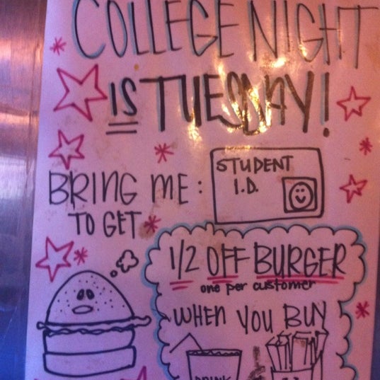 College students get 1/2 off their burger with purchase of drink and fries on Tuesdays