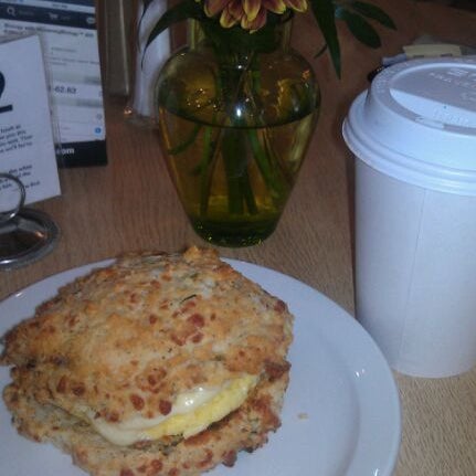 Beth said to try the breakfast if champions, egg and pepperjack on bacon cheddar biscuit.