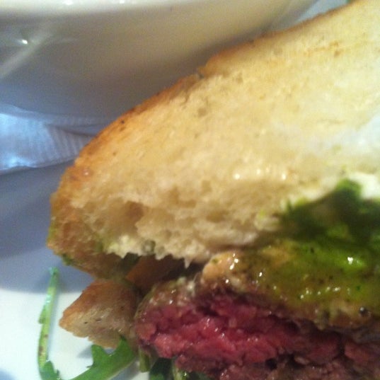Delish steak sandwich with arugula and goat cheese. Yum