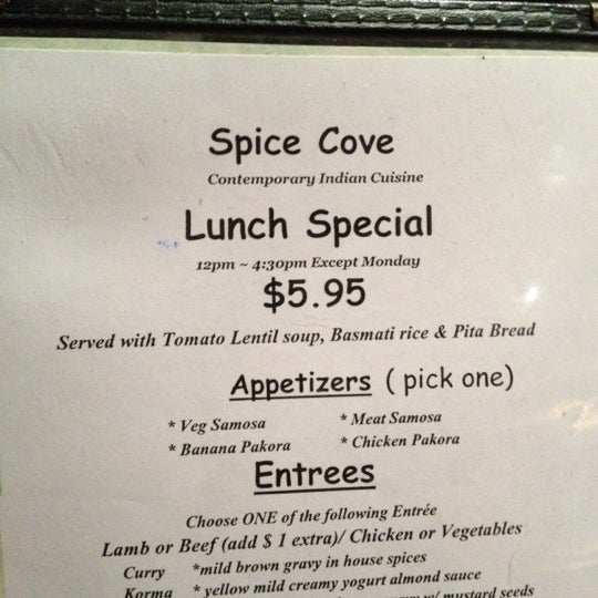$5.95 lunch special gets you soup, rice, pita, appetizer, and entree. $1 extra for take-out.