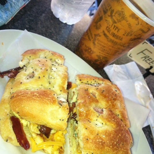 This picture should speak for itself. Holy amazing breakfast sandwich and coffee. Onion roll rocked!