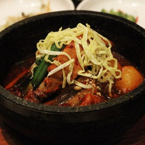 Don't miss the flavorful braised dishes, like dweji kalbi jim, pork spareribs simmered in a sweet and spicy chile sauce.
