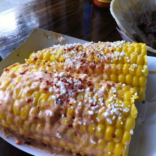 Corn on the cob is killer!  Spicy with mexican cheese.