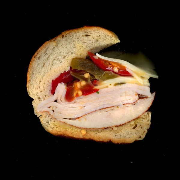 The Fatboy, Smoked Turkey, Provolone, Hot Peppers, Red Peppers, Olive Oil, On a hero.
