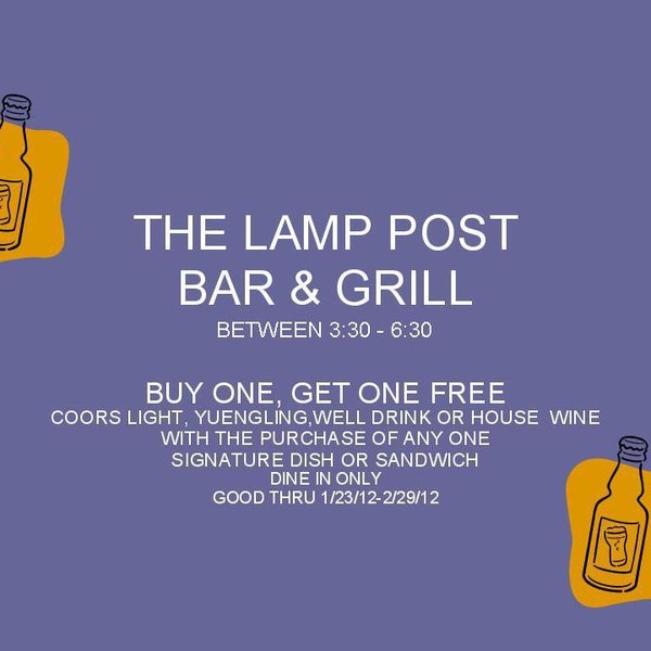 Use this coupon for a FREE drink with the purchase of a signature dish or sandwich!