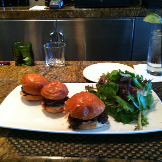 Braised short rib sliders with Gorgonzola caramelized onions and salad with lemon vinaigrette.  Delicious!