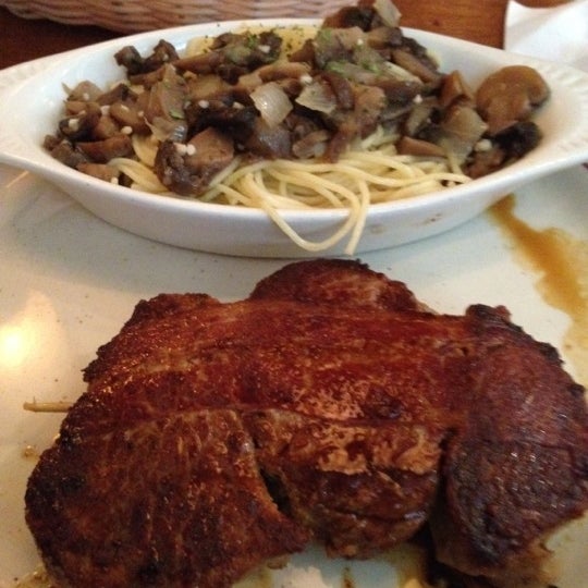 Bacon wrapped filet w side of spaghetti w brown butter garlic sauce and mushrooms!  Excellent!