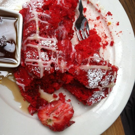 It's not on the menu but ask for just one (1) red velvet pancake. It's $3.