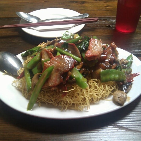 Pan fried noodles with roast pork!  Delicious!