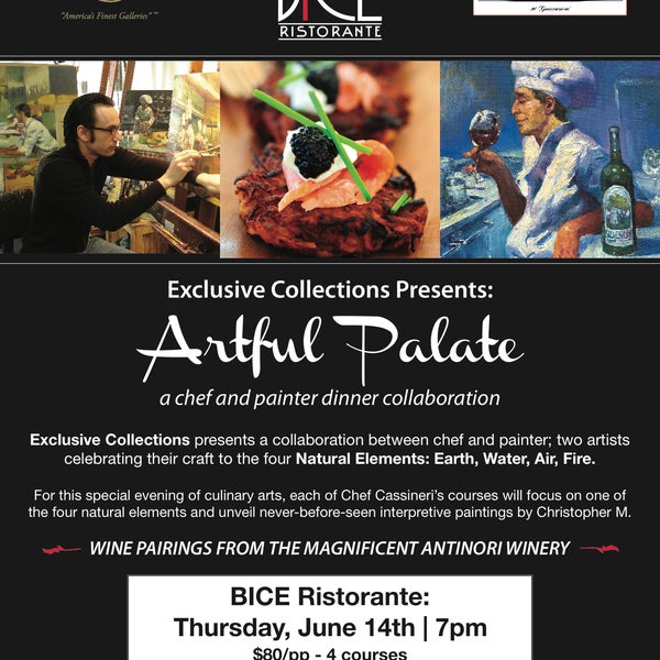 Looking forward to "Artful Palate" on June 14, where Chef Cassineri and "Painter of Chefs" Christopher M. will focus on the four natural elements! Reservations: 619-239-2423