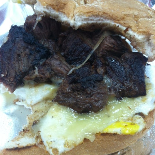 Egg, cheese and steak tips on a bulkie!
