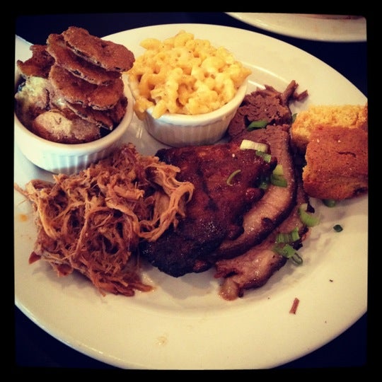 The barbecue platter: ribs, brisket, and pulled pork.