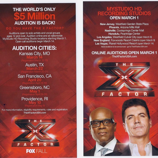 The X FACTOR Austin Audition will be this Thursday, March 22nd.  Please check TheXFactorUSA.com for further info.