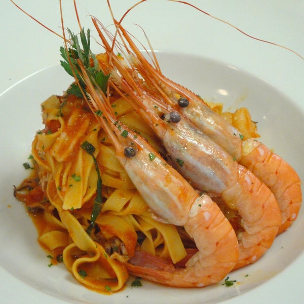 Try our pastas. Spaghetti with lobster meat and claw. and Pappardelle with prawn and calamari.