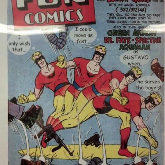 Enjoy the Golden Age comic covers (drawn by the owner's dad) while you nosh!