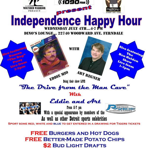 Dino's Lounge is open for the 4th of July. BIG party - free burgers & hotdogs... ESPN Deroit live shows all day - drinks specials! We have awesome AC too! <3 USA