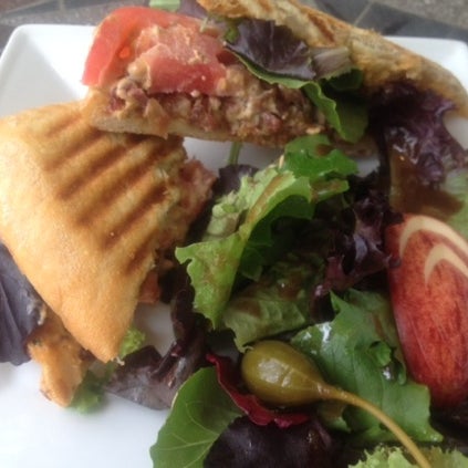 Try the BLT! Our personal favorite, it features chopped-up bacon, ripe tomatoes, good greens and spicy aioli on ciabatta. Follow up with Skoops' delicious ice cream.