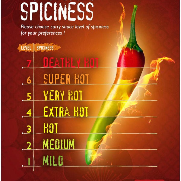 Choice Level of "HOT SPICINRSS "  You will go to Haven or Hell !   Vegetable keema Spicy Lebel 5 is best !!! Mantap !