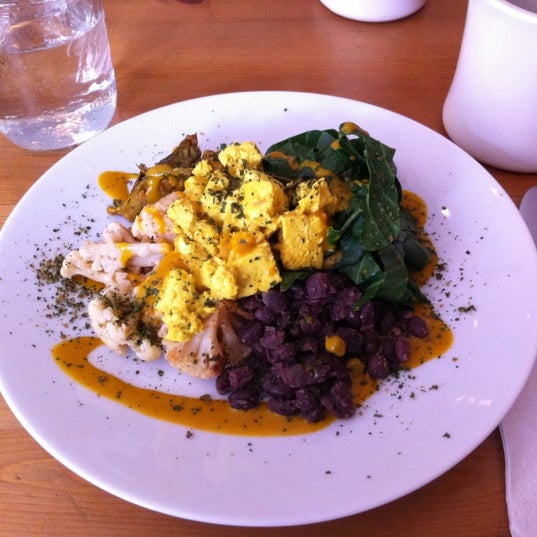 Amazing miso tofu scramble with quinoa, kale, parsnip, Brussels sprouts, cauliflower, beans