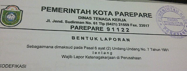 Dinas Tenaga Kerja Kota Parepare is one of SKPD di Parepare.