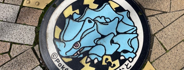 Pokémon manhole cover (Poké Lid) Rhyhorn is one of ポケモンマンホール.