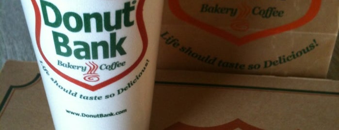 Donut Bank Bakery & Coffee Shop is one of Tempat yang Disukai Mark.
