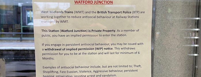 Watford Junction Railway Station (WFJ) is one of National Rail Stations.