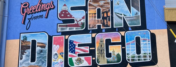 Greetings From San Diego (2016) mural by Victor Ving, Lisa Begg, and Persue is one of San Diego.
