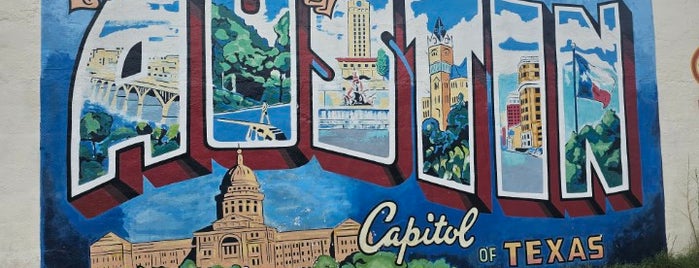 Greetings from Austin (1997) mural by Bill Brakkage, Rory Skagen, and Todd Sanders is one of GALVESTON ROADTRIP 2023.