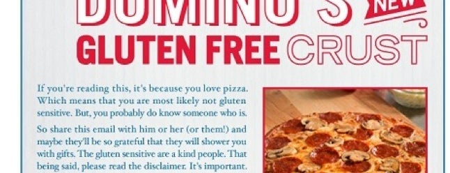 Domino's Pizza is one of Gluten Free menus.