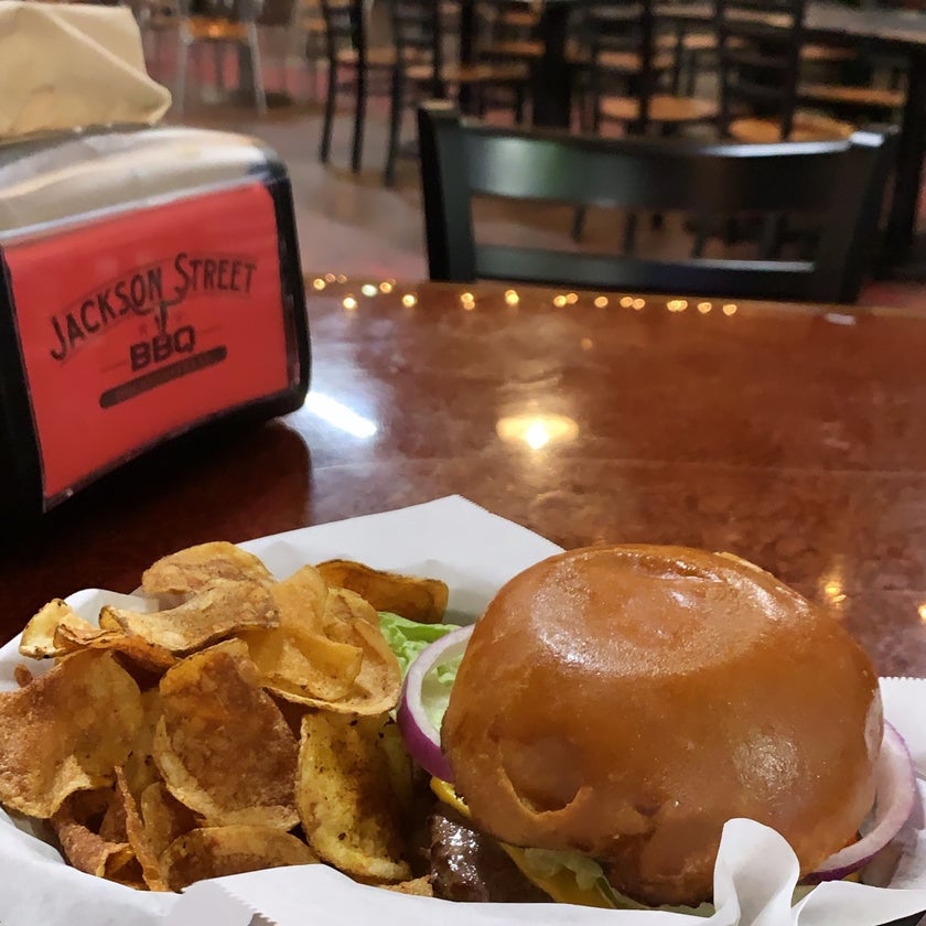 Jackson Street BBQ - BBQ Joint - chicken,barbecue,parking,casual,great value,authentic,ribs,homemade food,family-friendly,brisket,good for a quick meal,BBQ sauce,good for groups,sampler platter,creamed corn,jalapeño cheddar,German sausages,cheddar biscuits,trinity
