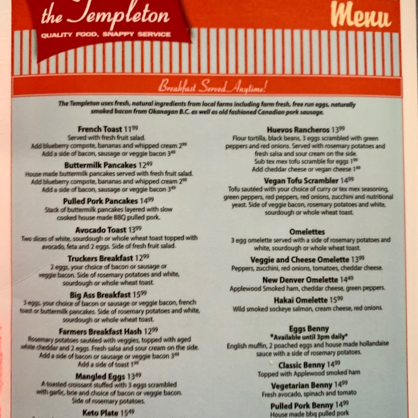 The Templeton - Bistro,Burger Joint,Diner - restaurants,bar,staff,coffee,breakfast food,sandwiches,cheese,lunch,brunch food,city,eggs,dinner,crowded,great value,curry,bacon,cute,milkshakes,garlic,onions,dresses,good for a quick meal,diner food,Caesar salad,poutine,jukebox,hangover cure,fun decor