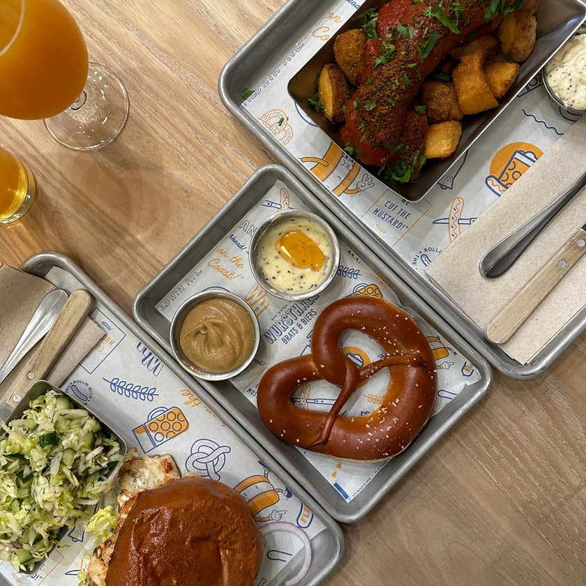 Wursthall - Beer Bar,American Restaurant,German Restaurant - meats,sandwiches,salads,lunch,dinner,crowded,sausage,large beer list,dips,pretzels,ice cream sundaes,wurst,Currywurst,crispy potatoes,pumpkin ice cream,beets and wheats,kenji