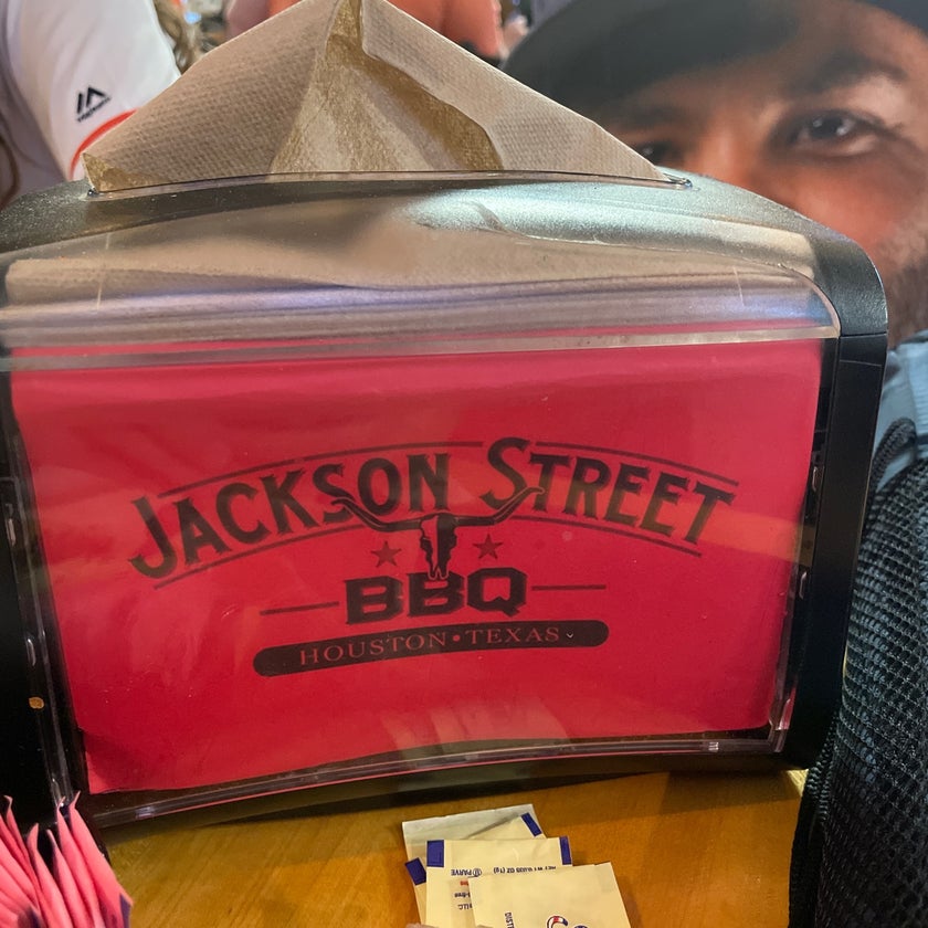 Jackson Street BBQ - BBQ Joint - chicken,barbecue,parking,casual,great value,authentic,ribs,homemade food,family-friendly,brisket,good for a quick meal,BBQ sauce,good for groups,sampler platter,creamed corn,jalapeño cheddar,German sausages,cheddar biscuits,trinity