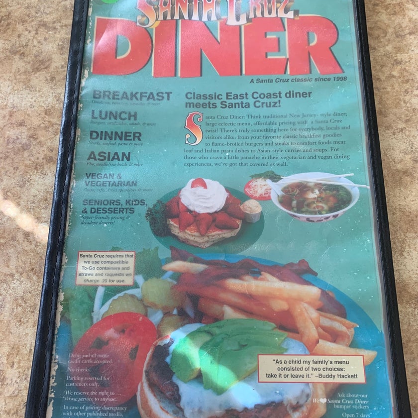 Santa Cruz Diner - Diner,American Restaurant - restaurants,bar,breakfast food,inexpensive,well,lunch,brunch food,eggs,dinner,curry,bacon,milkshakes,pancakes,avocado,pies,chefs,waffles,hot dogs,French toast,jalapeños,diner food,spring rolls,chocolate chips,hash browns,hash,good for groups,jack cheese,pot roast,Tapatio,biscuits and gravy