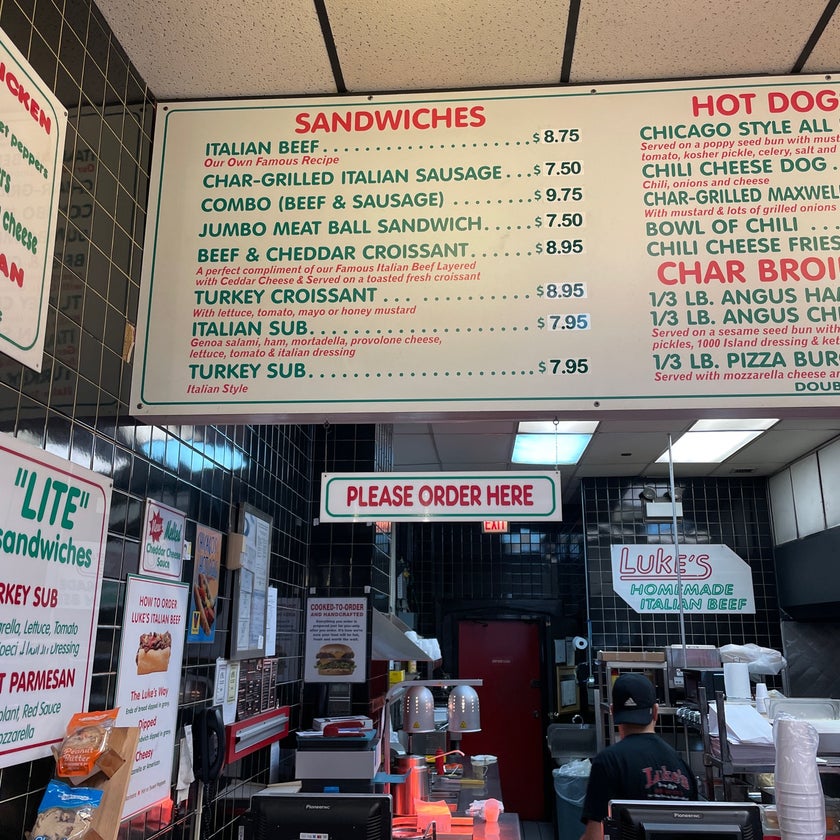 Luke's Italian Beef - Hot Dog Joint,Pizzeria,Italian Restaurant - good service,breakfast food,sandwiches,lunch,brunch food,french fries,great value,sausage,chili,hot dogs,prints,good for a quick meal,eggplant parmigiana,Chicago style,minestrone soup