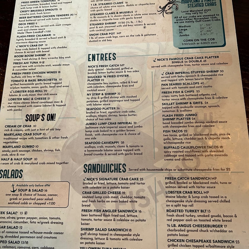 Nick's Fish House - American Restaurant,Seafood Restaurant - bar,fruit,sandwiches,soup,scenic views,cheese,salads,well,lunch,brunch food,healthy food,parking,outdoor seating,liquor,dinner,chips,live music,great value,comfortable,happy hour,crab,appetizers,river,spacious,trendy,good for dates,corn,risotto,harbors,fritters,gumbo,good for groups,good for special occasions,fried green tomatoes,Riesling,crispy bacon,orange crushes,poached pears,Natty Boh,Sunday breakfast buffet