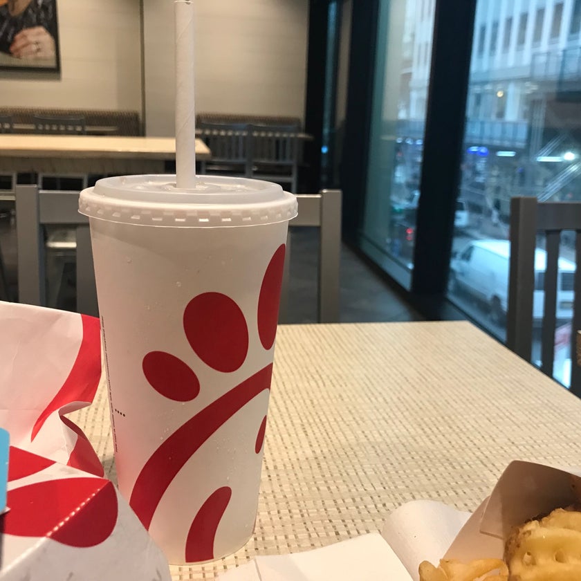 Chick-Fil-A - American Restaurant,Fast Food Restaurant,Chicken Shop,Fast Food,Salad - friendly staff,lunch,french fries,lines,crowded,waffles,spicy chicken,Manhattan cocktails