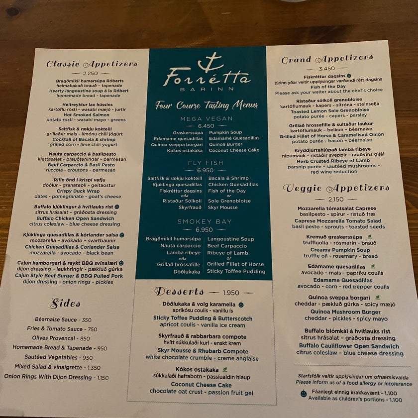 Forréttabarinn - Restaurant - bar,meats,seafood,desserts,city,dinner,great value,happy hour,small plates,appetizers,mango,quesadillas,prix fixe menu,hipster,carpaccio,lagers,good for special occasions,open kitchen,local cuisine,Arctic char,horse fillet,sea horse