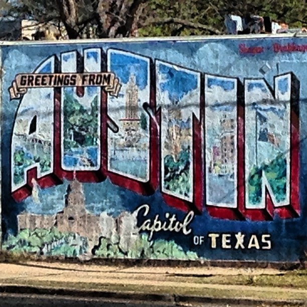 Greetings From Austin (1997) Mural By Bill Brakkage, Rory Skagen, And Todd Sanders Logo