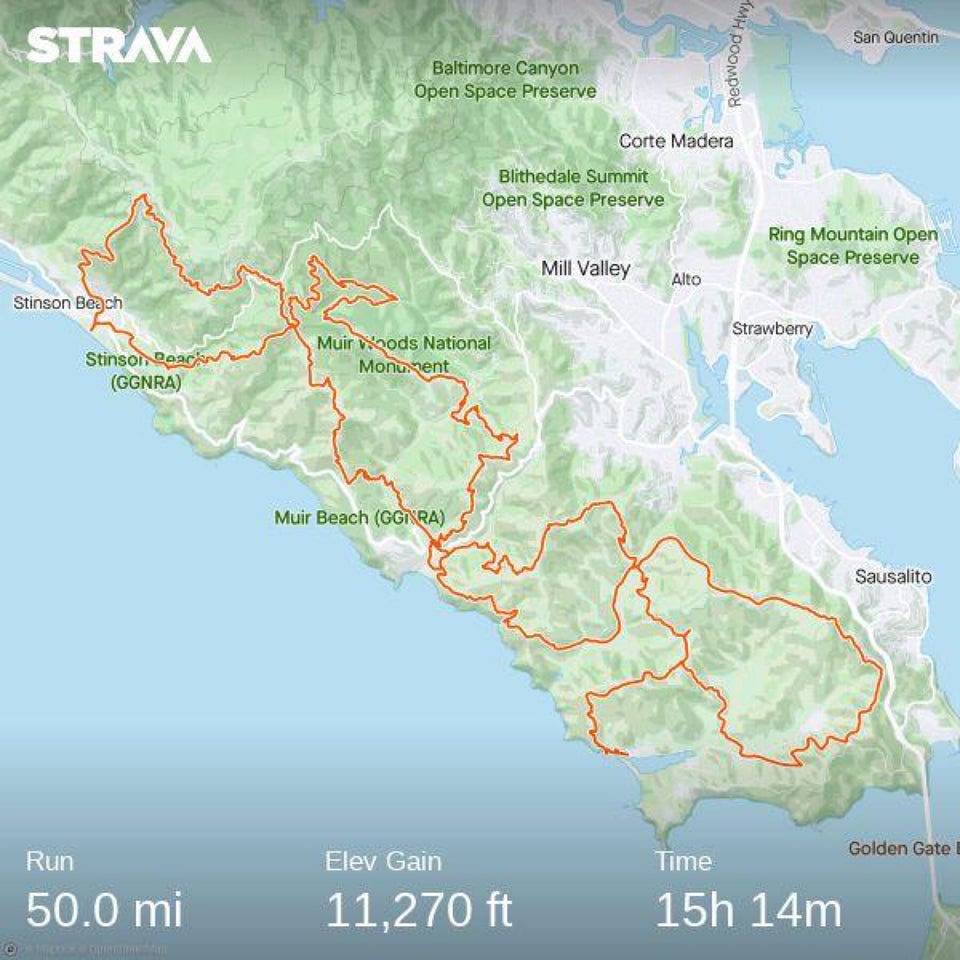 Strava activity map of running 50 miles of trails in Marin Headlands.