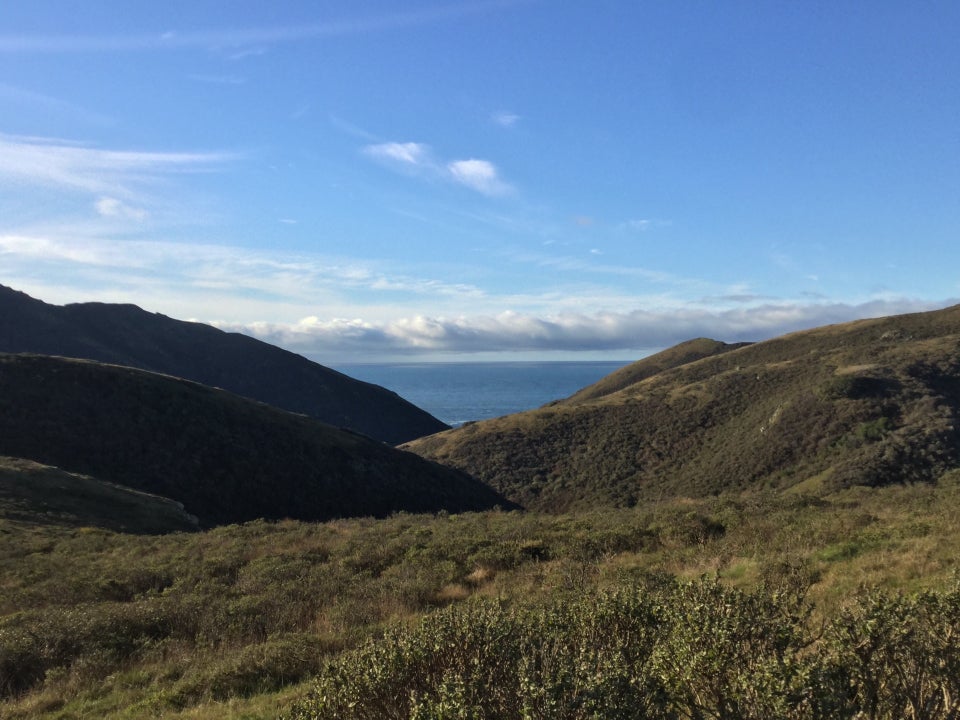 Blue sky with dotted with clouds, distant layer of clouds over the Pacific Ocean, peaking through rolling green Marin hills on either side of Tennessee Valley, buses in the foreground