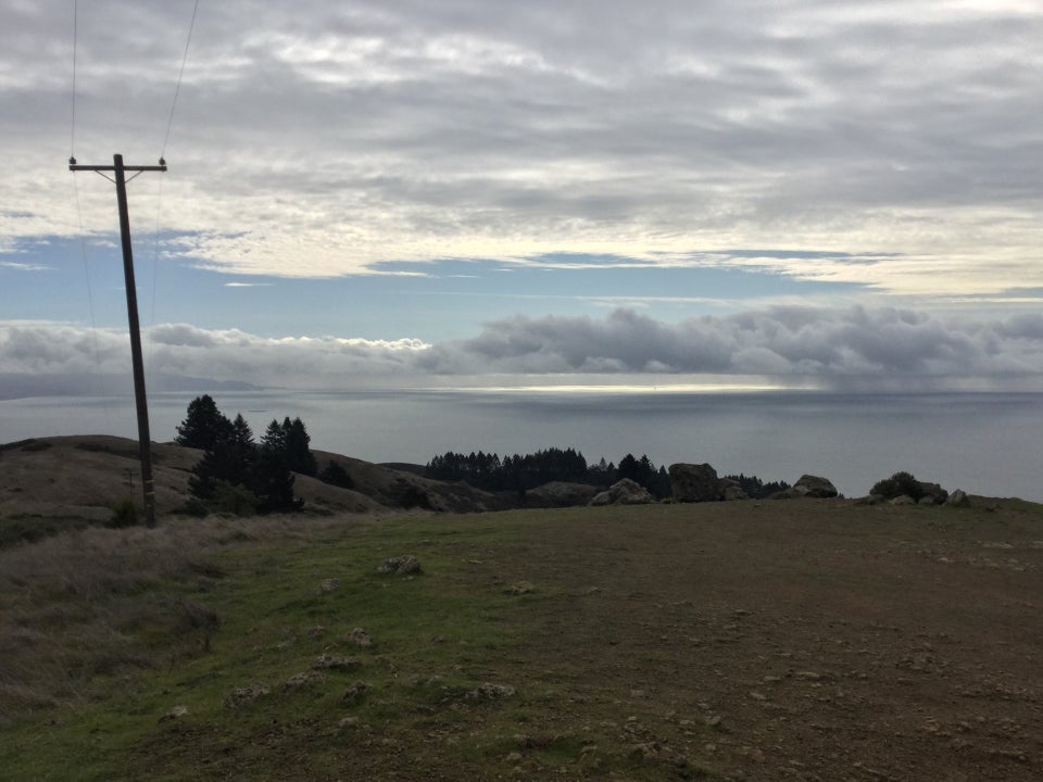 Top of Cardiac Hill with a telephone pole on the left among amber grass and a few scattered trees in the distance, under a mostly cloudy overcast sky, with rain clouds hanging over the ocean, dropping some of their water.