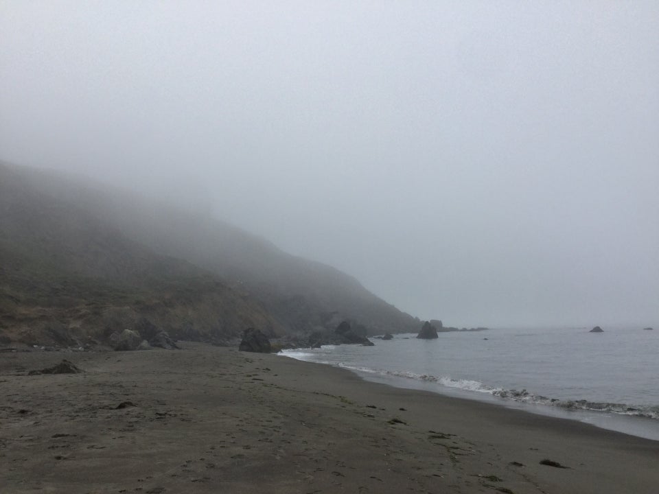 Muir beach facing south, fog covering a lot of the hill.