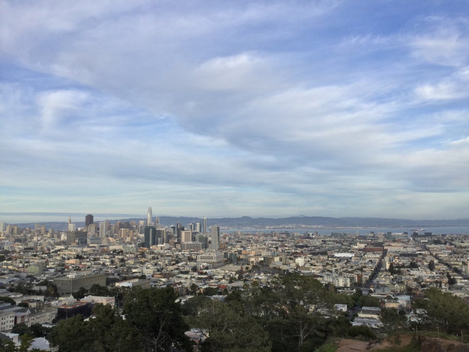 Partly blue sky above downtown San Francisco, the Port of Oakland in the distance behind the bay, a spread of city buildings in the foreground.