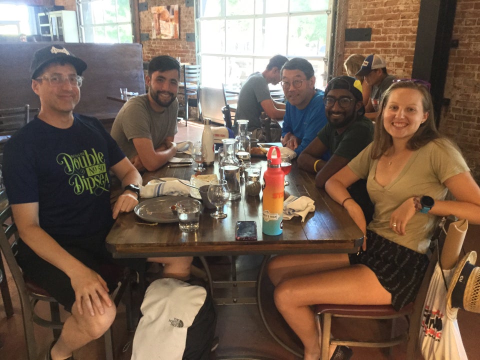 Tantek, Ernie, Bryan, Vivek, and Krissi having lunch at a table at The Union brewpub in Carson City