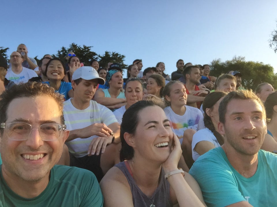 Tantek with NovemberProject San Francisco friends sitting on the Alta Plaza park steps after the PR Wednesday workout