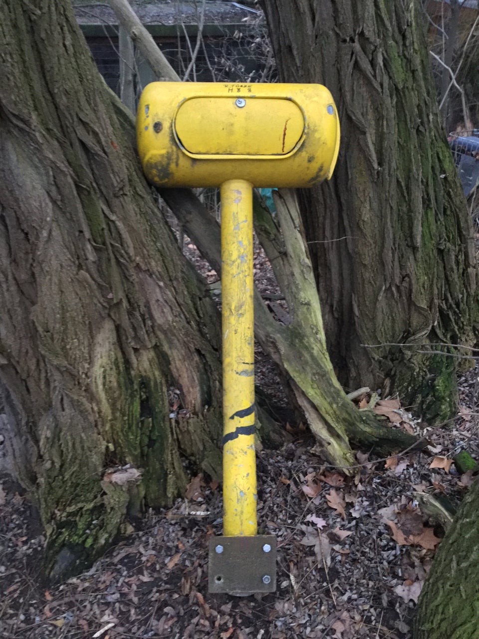 Giant yellow mallet thing leaned up against a tree.