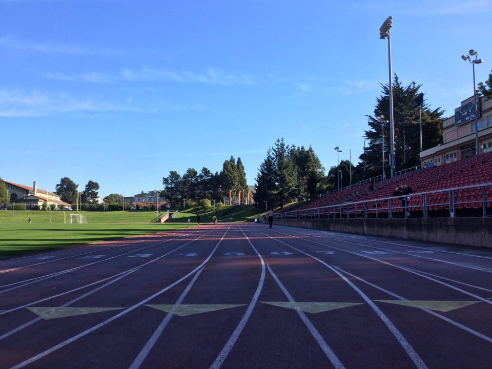 Kezar track viewed from lane 5 at the start of the front 100meter segment.